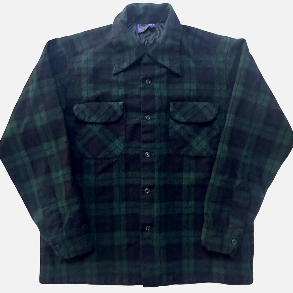 Vintage 70s Pendleton Wool Board Shirt M Black Watch Plaid Made in USA Heritage